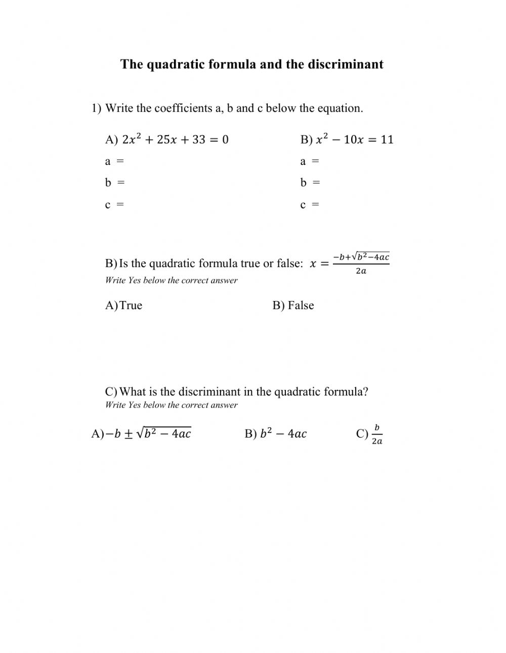 2 6 The Quadratic Formula And The Discriminant Worksheet