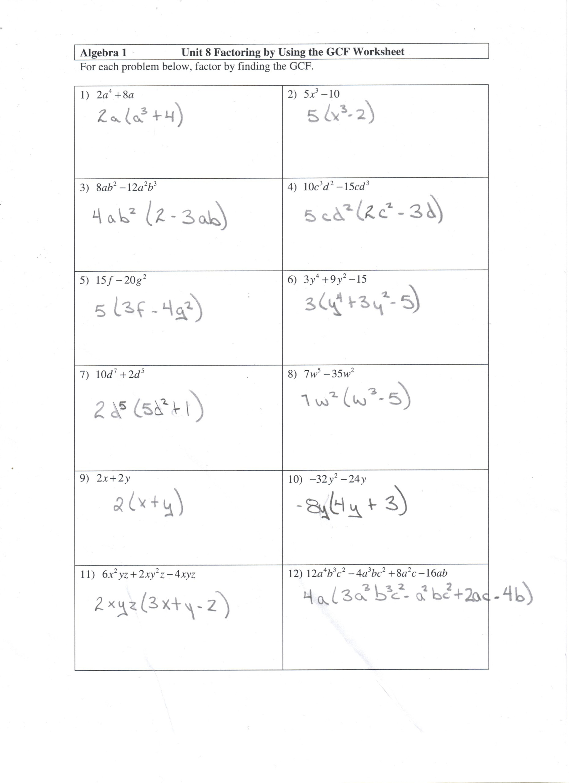 27 Algebra 1 Unit 8 Factoring By Using The Gcf Worksheet Free