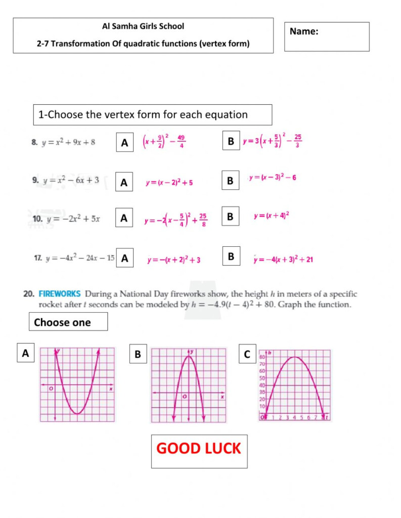 30 Graphing Quadratic Functions In Vertex Form Worksheet Answers 