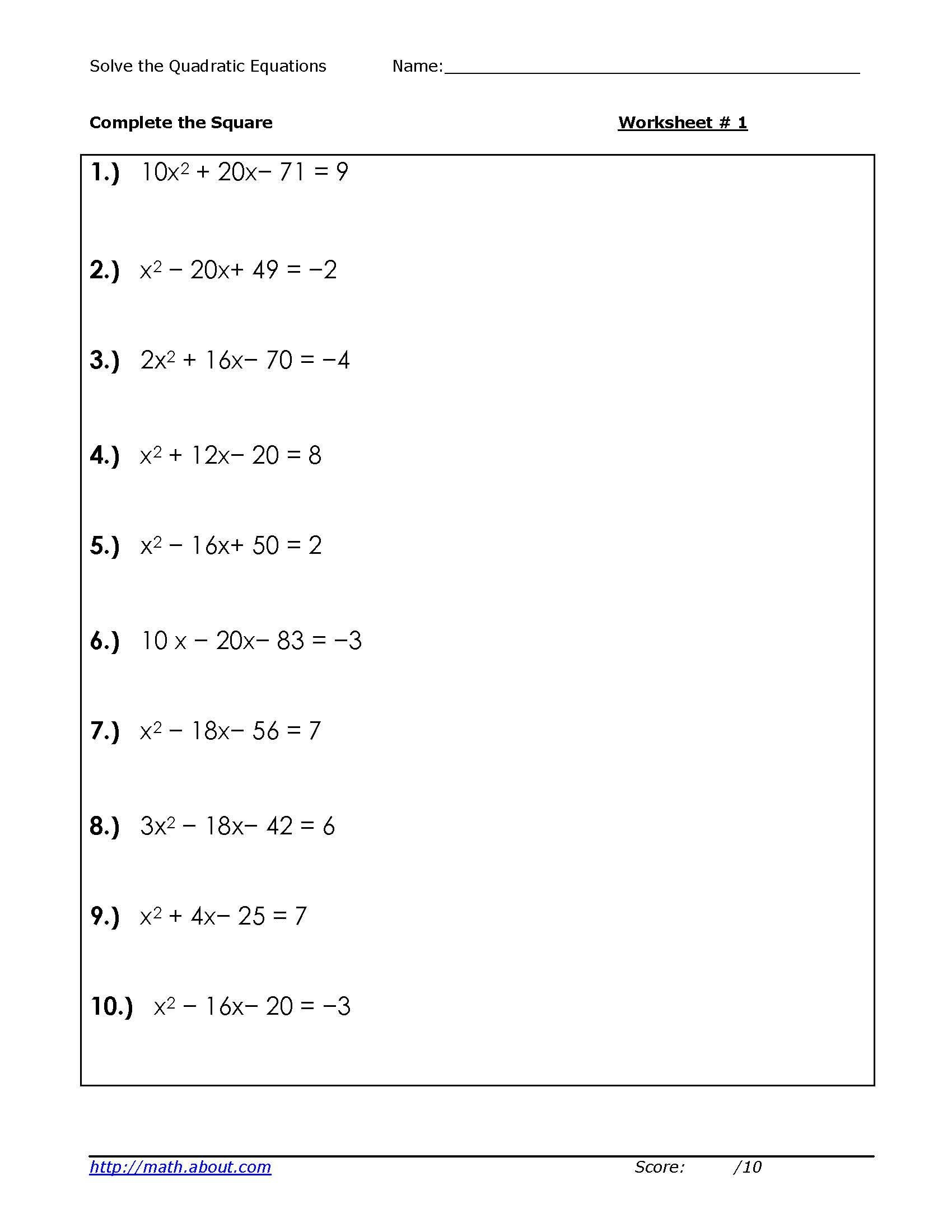 solving quadratic word problems worksheet