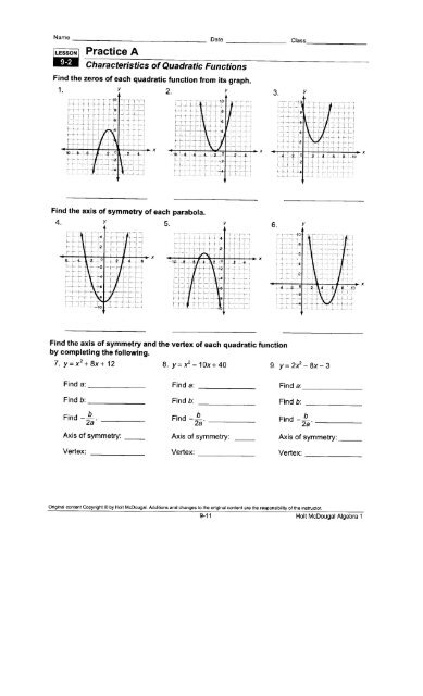 Algebra 1 8 2 Worksheet Characteristics Of Quadratic Functions Answer 