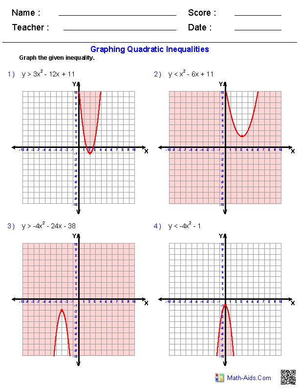 Algebra 1 Worksheets Quadratic Functions Worksheets
