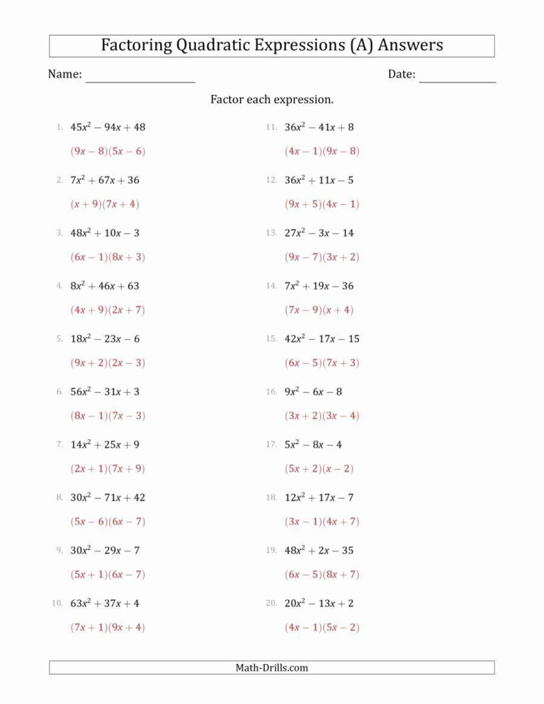 Algebra 2 Factoring Worksheet Beautiful Factoring Quadratic Expressions 