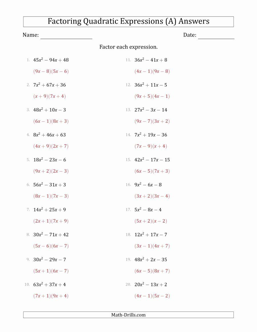 Algebra 2 Factoring Worksheet Beautiful Factoring Quadratic Expressions 