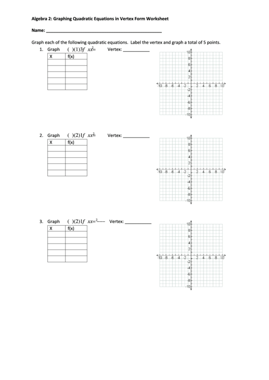 Algebra 2 Graphing Quadratic Equations In Vertex Form Worksheet 