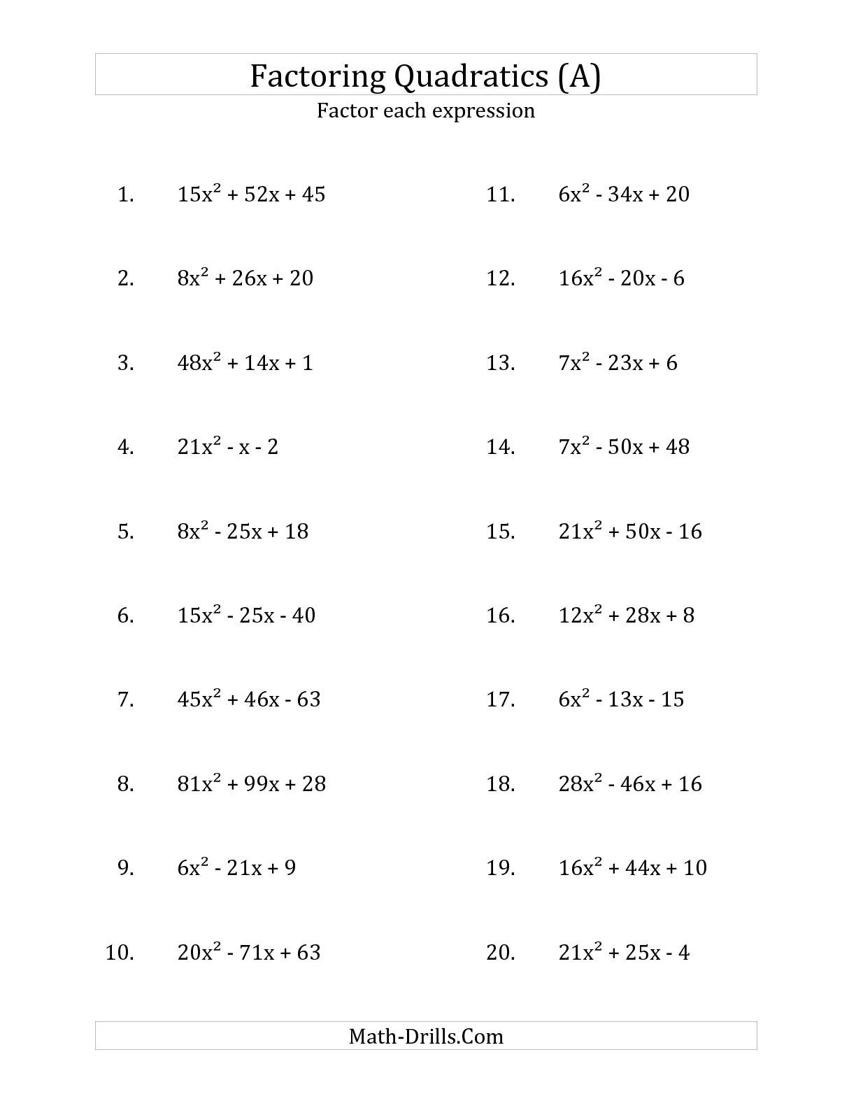 Algebra 2 Quadratic Formula Worksheet Answers