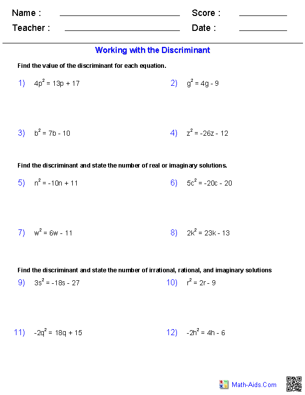 Algebra 2 Worksheets Quadratic Functions And Inequalities Worksheets