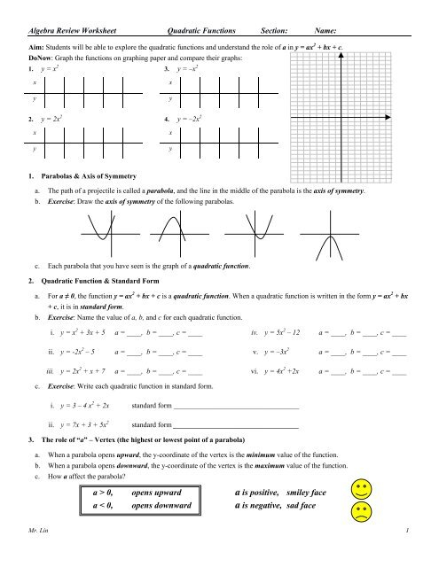 Algebra Review Quadratic Functions Worksheet 01