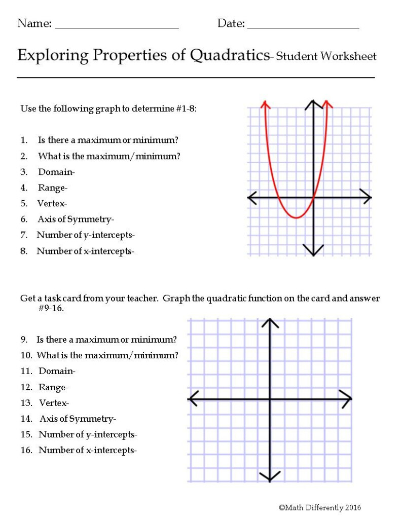 Characteristics Of Quadratic Functions Practice Worksheet A Answer 