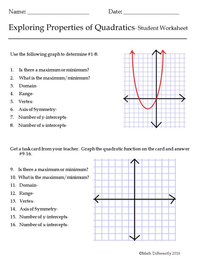 Characteristics Of Quadratic Functions Worksheet 1 Answer Key