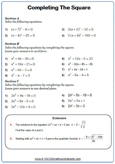 Completing The Square Maths Worksheet Completing The Square Math 