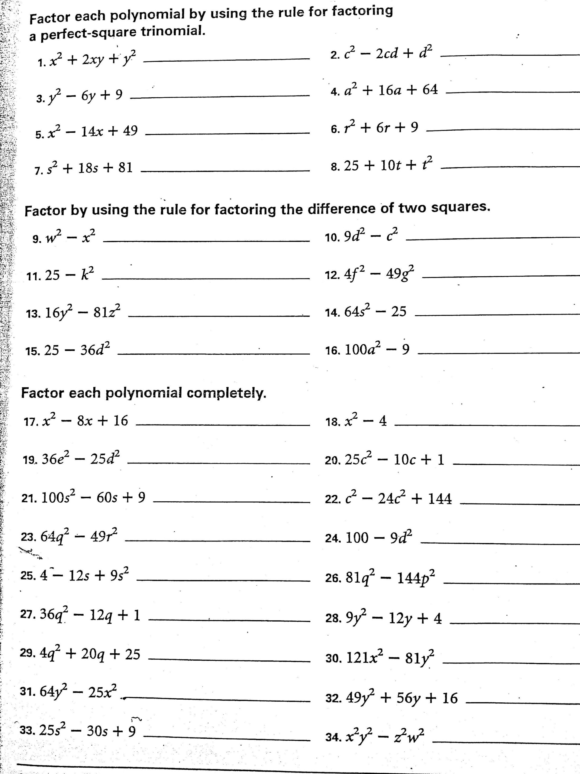 Factoring Difference Of Squares Worksheet Answer Key Algebra Algebra 