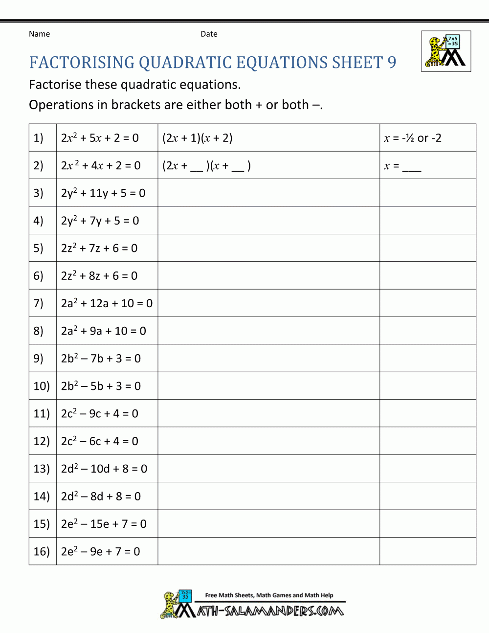 Factoring Quadratic Equations