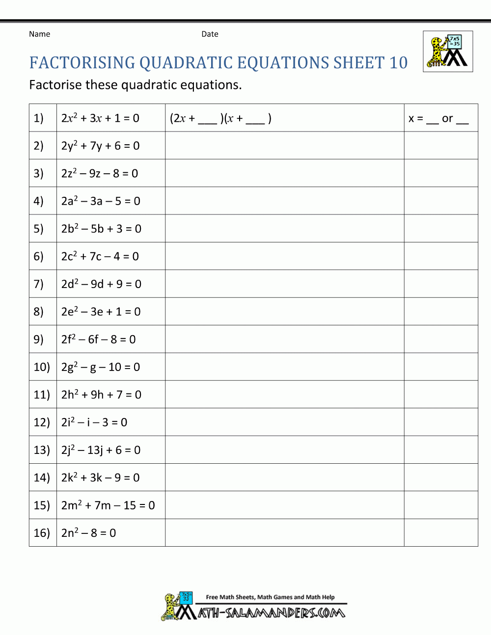 Factoring Quadratic Equations