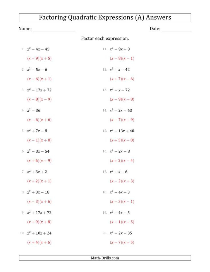 Factoring Quadratic Expressions With A Coefficients Of 1 A Best 