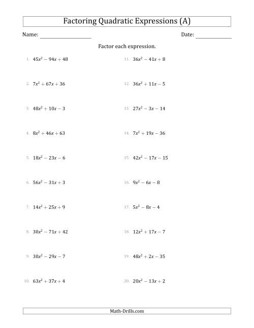 Factoring Quadratic Expressions With a Coefficients Up To 81 A 