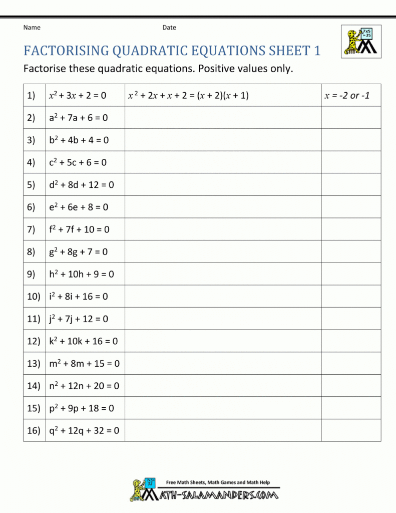 Factoring Quadratics Worksheet Db excel