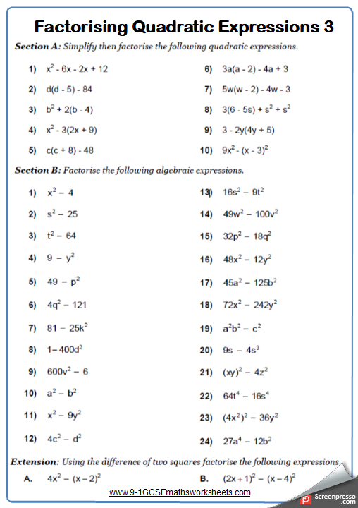 Factorising Quadratic Expressions Including The Difference Of Two