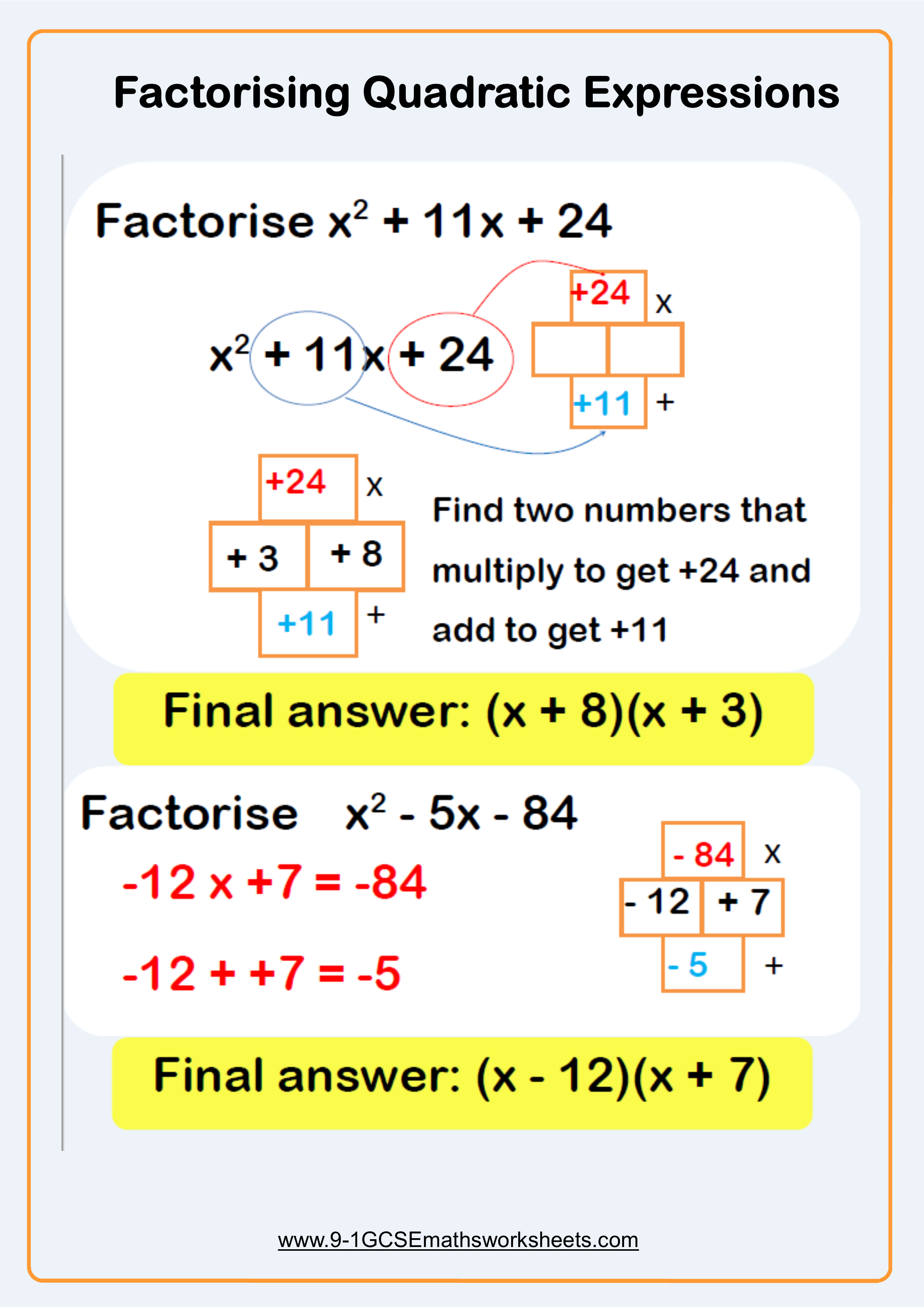 Factoring Quadratic Expressions Worksheet Example