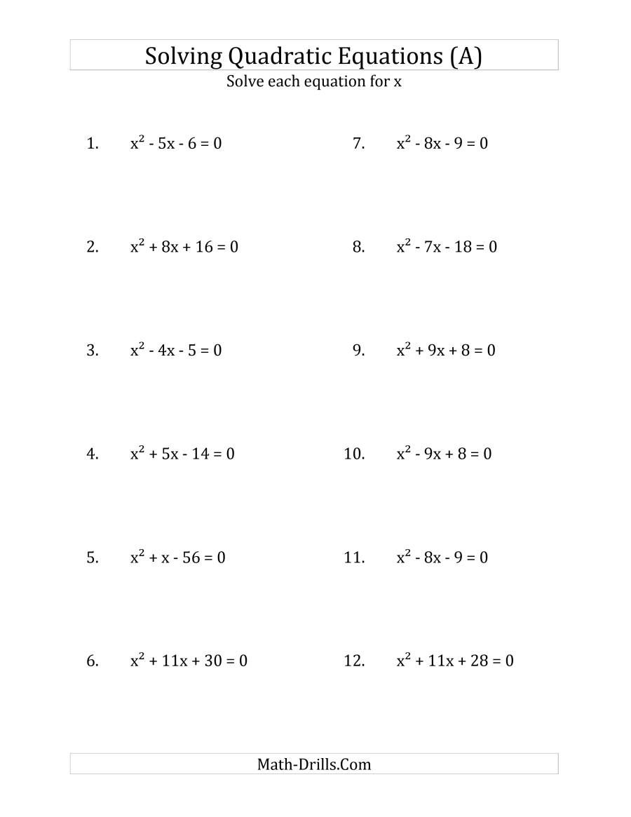 Free Printable Algebra Worksheets Solving Equations In Quadratic Form 