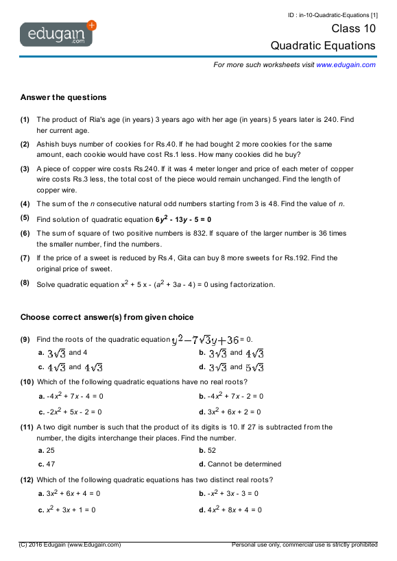 Grade 10 Math Worksheets And Problems Quadratic Equations Edugain UAE