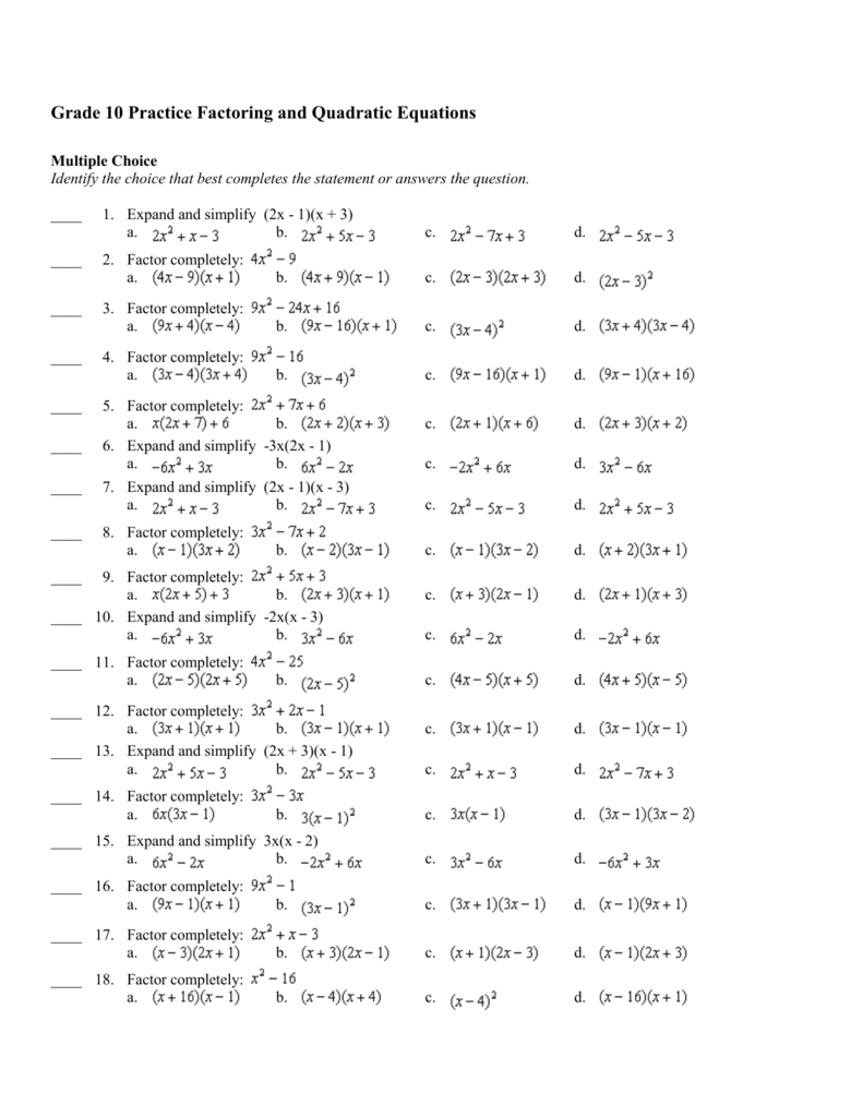 Grade 10 Practice Factoring And Quadratic Equations