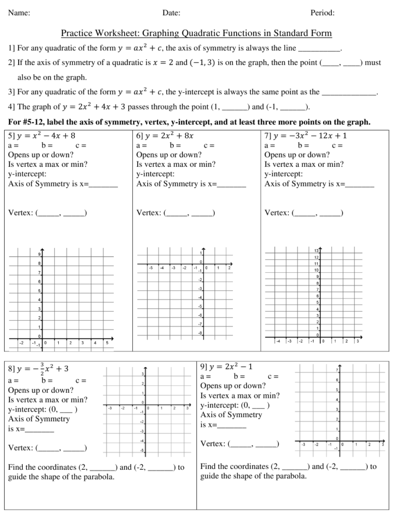 Graphing Quadratic Functions In Standard Form Worksheet Download 