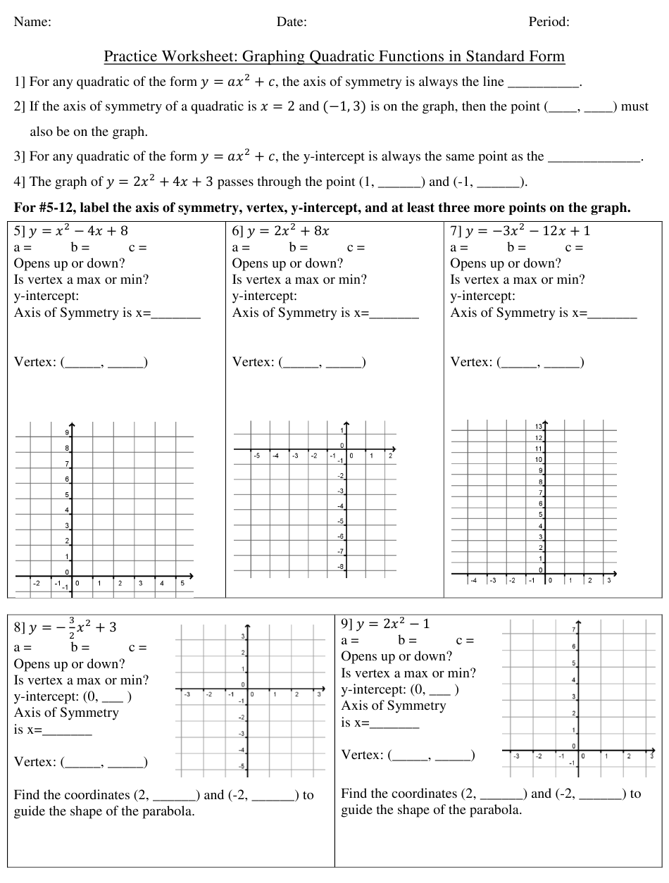 Graphing Quadratic Functions In Standard Form Worksheet Download 