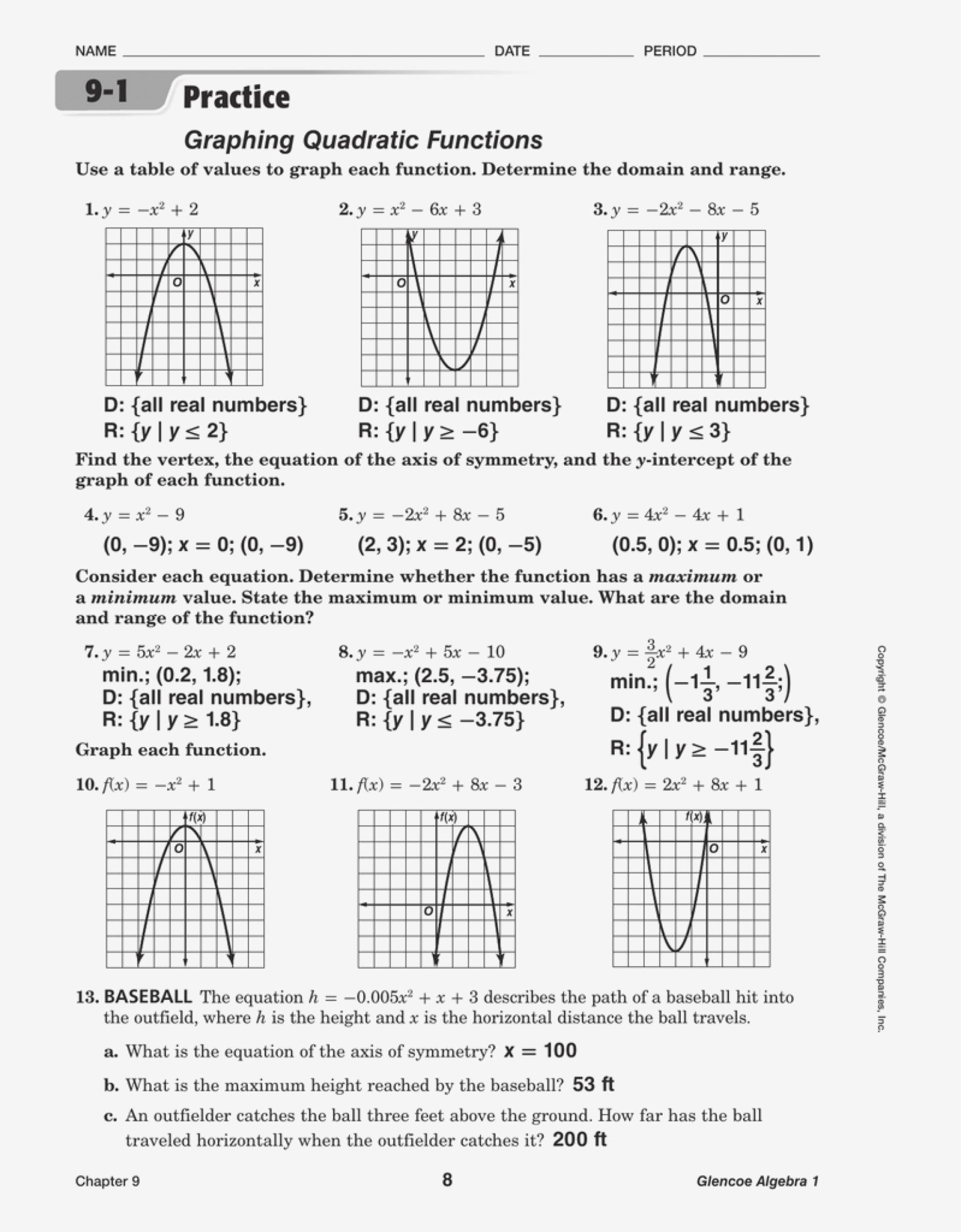 Graphing Quadratic Functions Worksheet Answer Key Worksheet