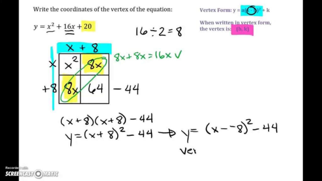 How To Put A Quadratic Equation Into Vertex Form By Completing The 