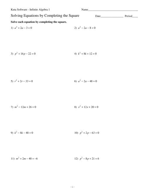 Kuta Software Algebra 1 Solving Equations By Completing The Square 