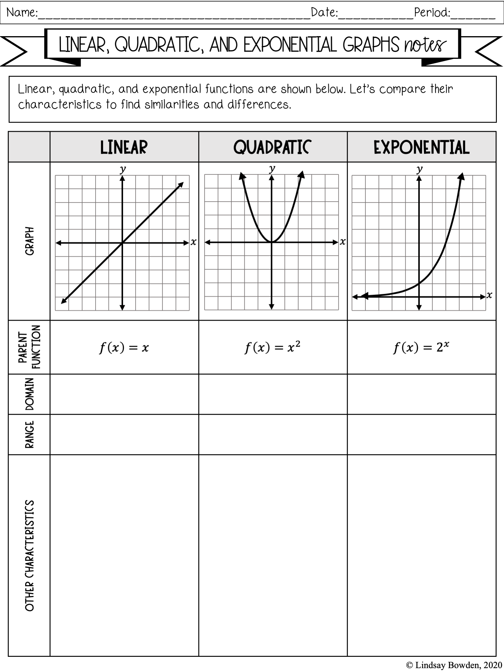 Linear Quadratic Exponential Notes And Worksheets Lindsay Bowden