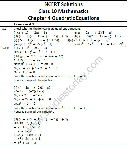 NCERT Solutions Class 10 Mathematics Chapter 4 Quadratic Equations