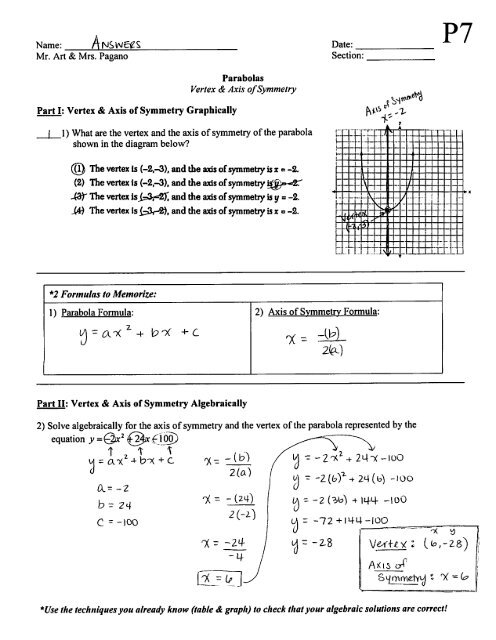 Parabola Vertex Axis Of Symmetry Worksheet P7