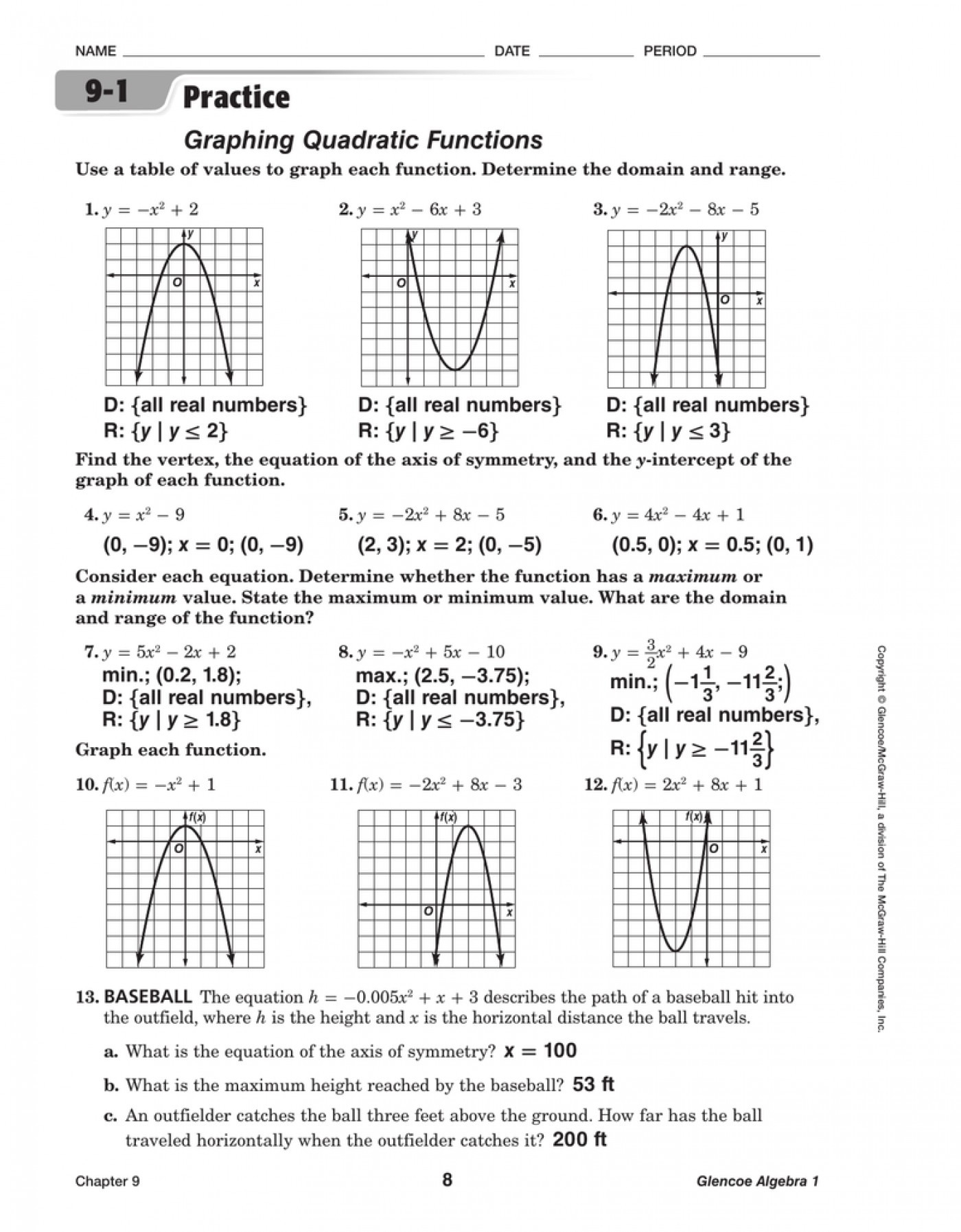 Practice Worksheet Graphing Quadratic Functions In Standard Form Db 