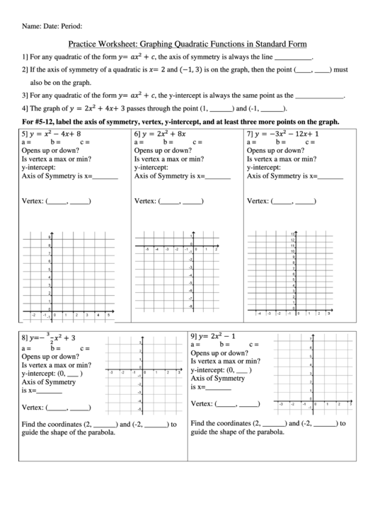 Practice Worksheet Graphing Quadratic Functions In Standard Form