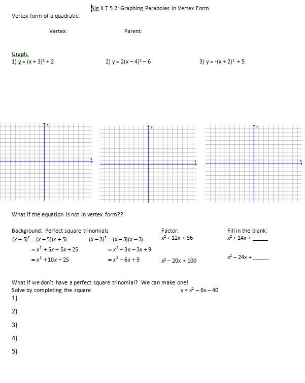 Practice Worksheet Graphing Quadratic Functions In Vertex Form Answer Key