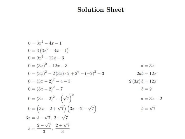 Quadratic Equation Questions By Completing The Square Worksheet