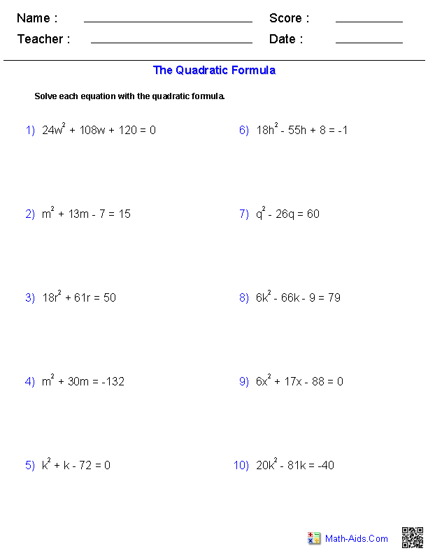 Quadratic Equations Worksheet Grade 10 Pdf Diy Projects