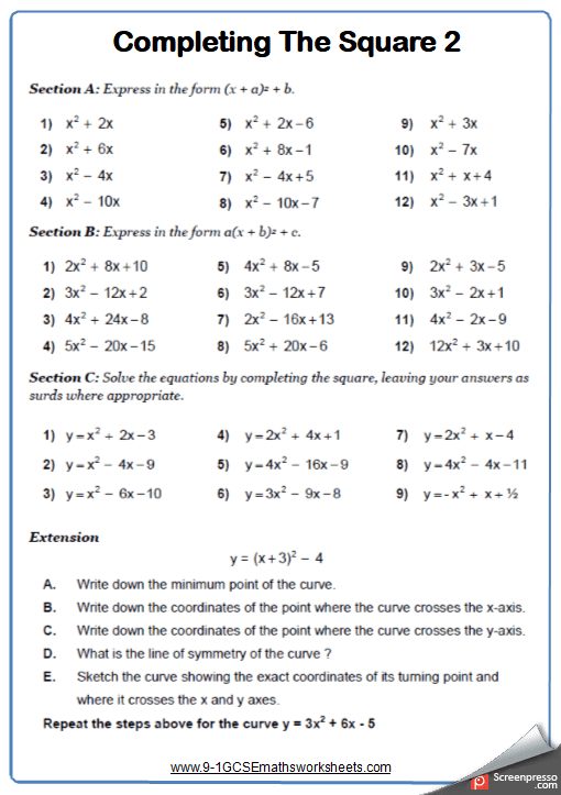 Quadratic Equations Worksheet Practice Questions Cazoomy