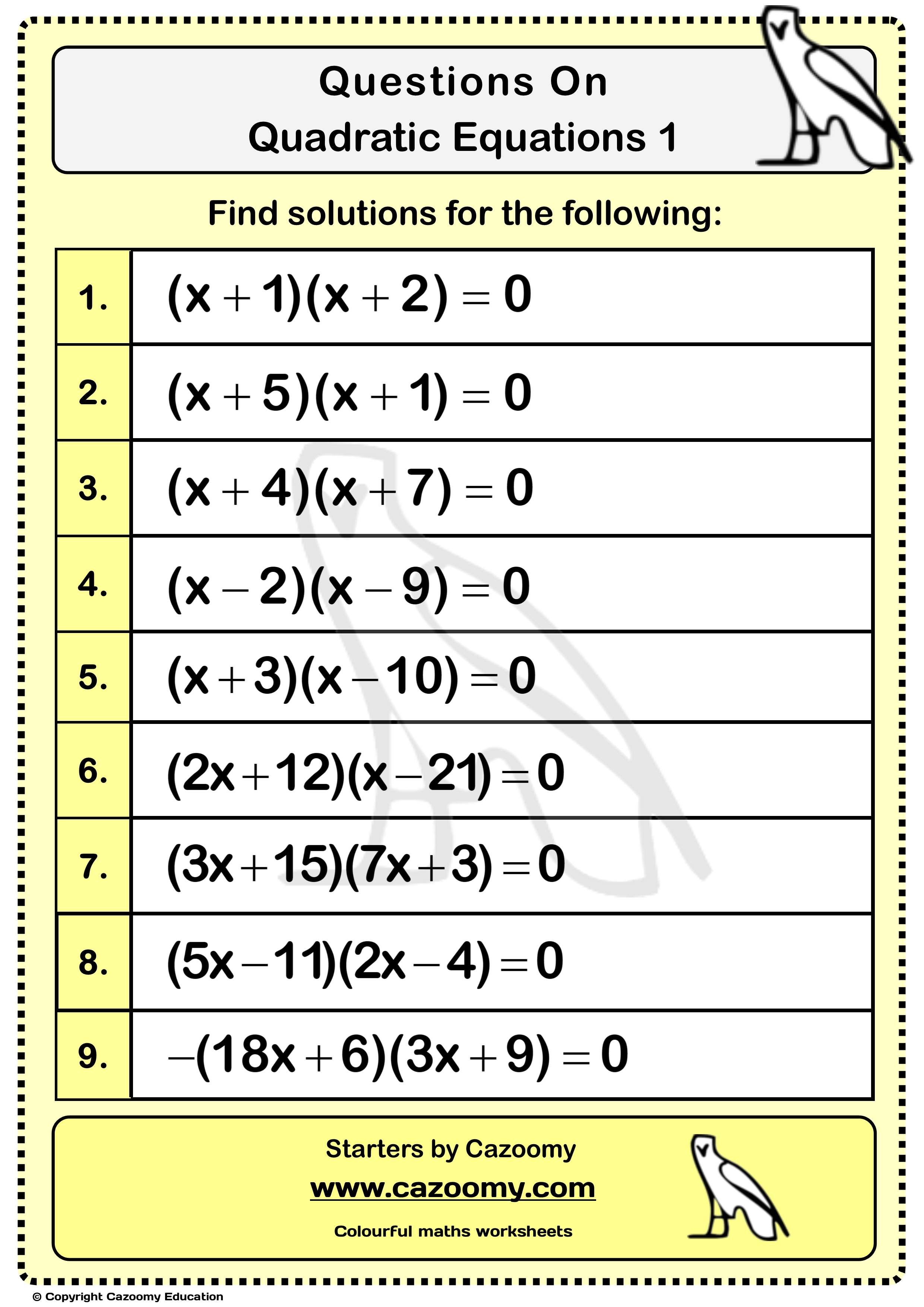 Quadratic Equations Worksheets Practice Questions And Answers Cazoomy