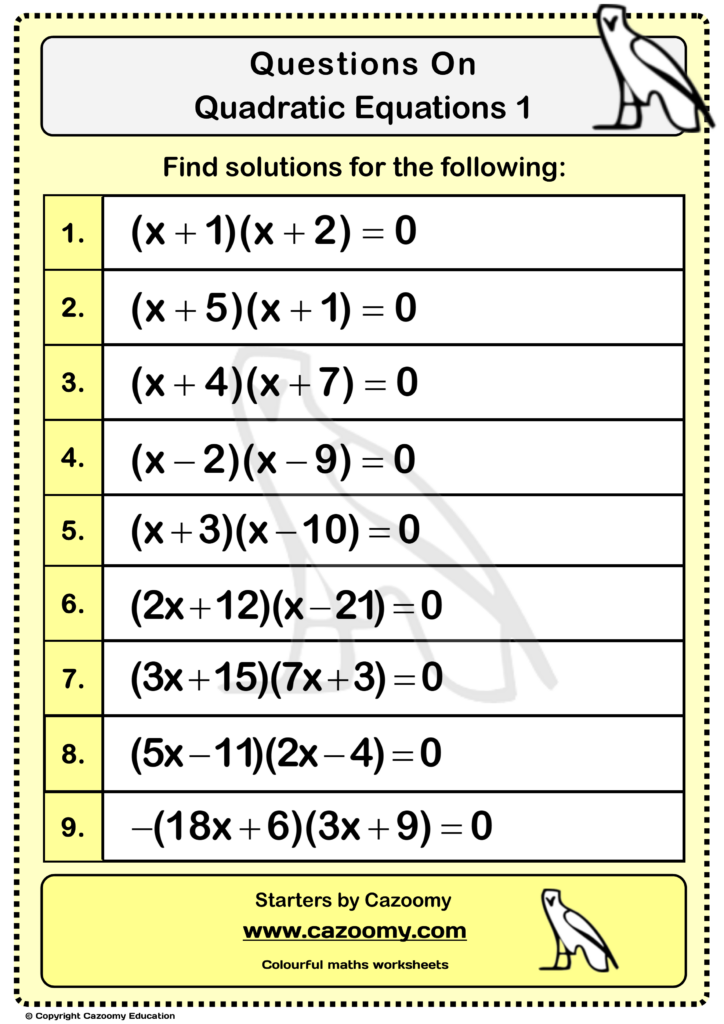 Quadratic Equations Worksheets Practice Questions And Answers Cazoomy