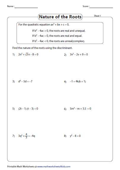 Quadratic Formula Worksheets