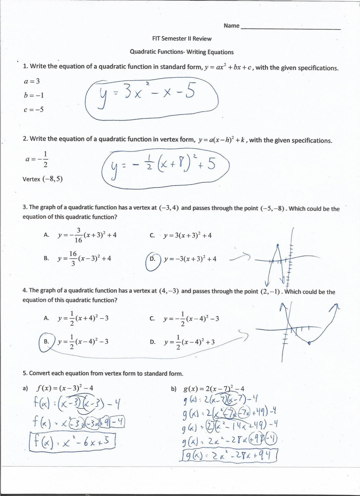 Quadratic Function Quiz Answer Key Db excel