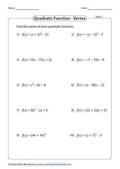 Quadratic Function Worksheets