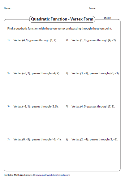 Quadratic Function Worksheets