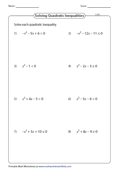 Quadratic Inequalities Worksheets