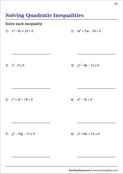 Quadratic Inequalities Worksheets Quadratics Solving Inequalities 