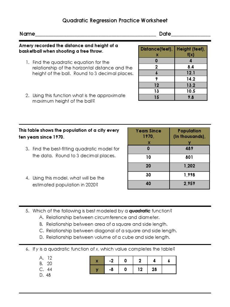 Quadratic Regression Practice Worksheet Letter A Worksheets