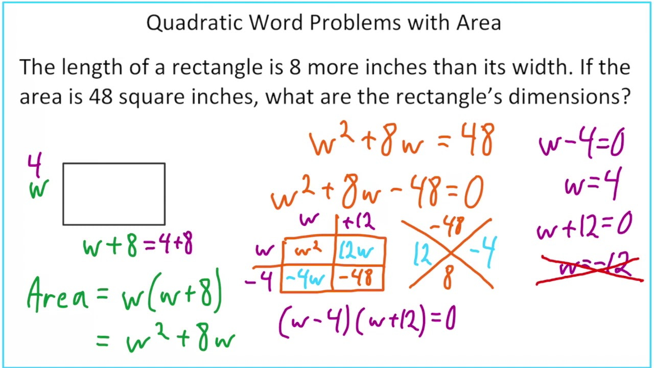 Area Word Problems Quadratic Equations Worksheet